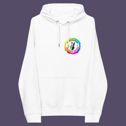 White hoodie front. This ant-prejudice hoodie is LGTBQ+ friendly and anti-racism. We are all Earthlings and can live in peace and harmony if we put aside our prejudice and fear. This original design promotes social awareness and unity. Comfortable and practical. It's extra soft and has a convenient front pouch pocket. Made from organic cotton and recycled polyester, this anti prejudice hoodie is a great eco-friendly choice.