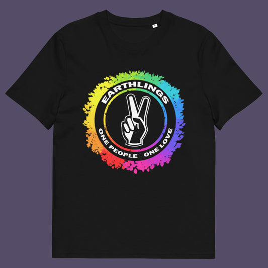 Black t-shirt. This ant-prejudice t-shirt is LGTBQ+ friendly and anti-racism. We are all Earthlings and can live in peace and harmony if we put aside our prejudice and fear. This original design promotes social awareness and unity. Made from 100% organic ring-spun cotton, this anti prejudice t-shirt is unisex, high-quality, super comfy, and best of all, eco-friendly.