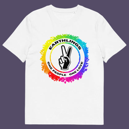 White t-shirt. This ant-prejudice t-shirt is LGTBQ+ friendly and anti-racism. We are all Earthlings and can live in peace and harmony if we put aside our prejudice and fear. This original design promotes social awareness and unity. Made from 100% organic ring-spun cotton, this anti prejudice t-shirt is unisex, high-quality, super comfy, and best of all, eco-friendly.