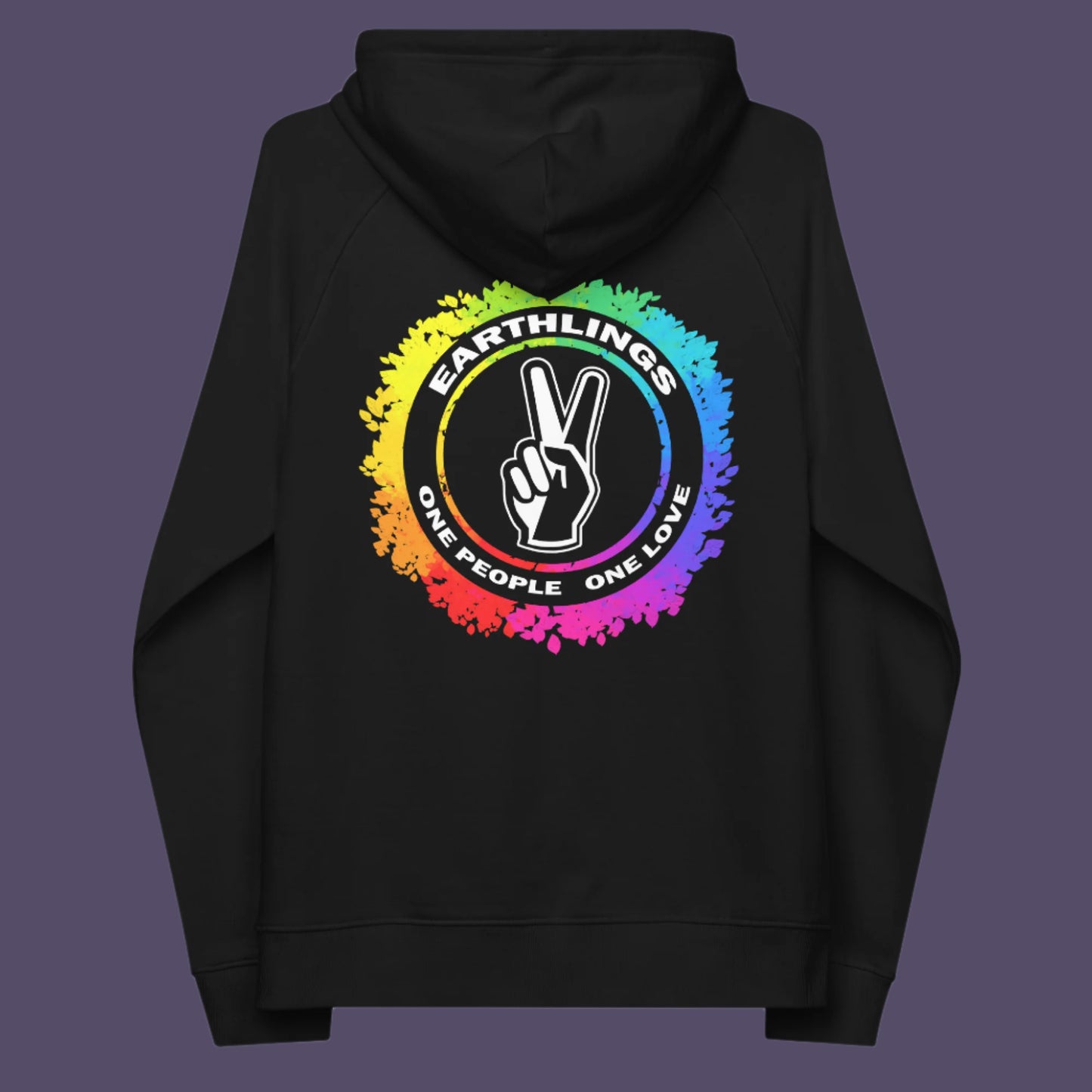 Black hoodie back. This civil rights hoodie is LGTBQ+ friendly and anti-racism. We are all Earthlings and can live in peace and harmony if we put aside our prejudice and fear. This original design promotes social awareness and unity. Comfortable and practical. It's extra soft and has a convenient front pouch pocket. Made from organic cotton and recycled polyester, this LGTBQ hoodie design is a great eco-friendly choice.