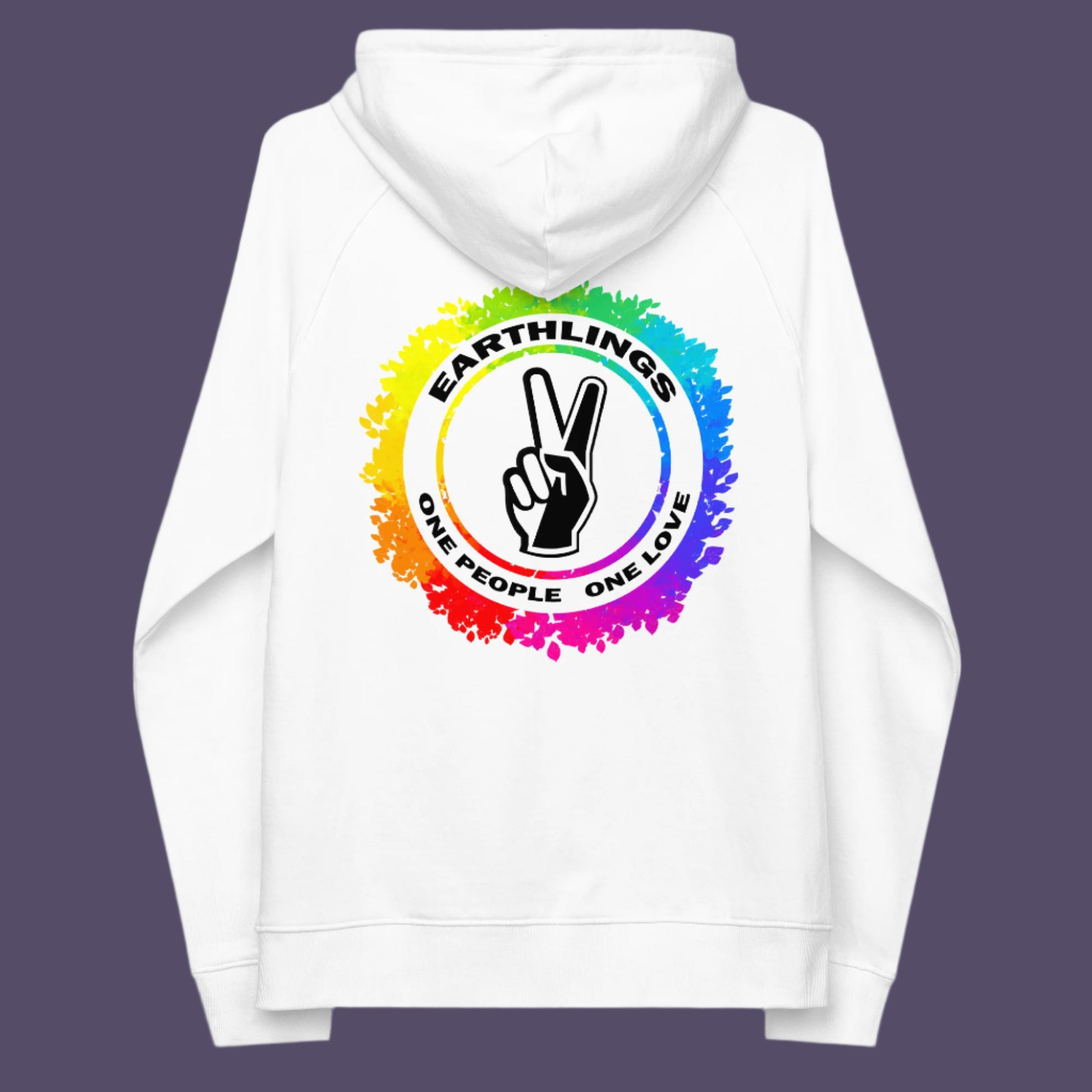 White hoodie back. This civil rights hoodie is LGTBQ+ friendly and anti-racism. We are all Earthlings and can live in peace and harmony if we put aside our prejudice and fear. This original design promotes social awareness and unity. Comfortable and practical. It's extra soft and has a convenient front pouch pocket. Made from organic cotton and recycled polyester, this LGTBQ hoodie design is a great eco-friendly choice.