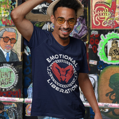 Man wearing a French navy blue t-shirt with 'Emotional Liberation' design in front of a colourful wall. This self esteem t shirt is for sentient based beings. This design promotes the liberation of emotions in a material world. Oppose the rise of apathy and the fall of compassion by embracing your emotions and being proud of them. Made from 100% organic ring-spun cotton, this self worth t shirt is unisex, high quality, super comfy, and best of all, eco-friendly.