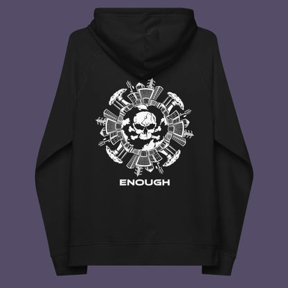 Black hoodie back. An environmental hoodie highlighting an overcrowding concern. This original design is for all nature lovers who think that enough is enough and don't want to live in a concrete jungle. Comfortable and practical. It's extra soft and has a convenient front pouch pocket. Made from organic cotton and recycled polyester, this social awareness hoodie is a great eco-friendly choice.