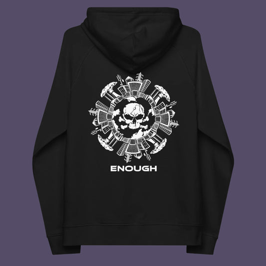 Black hoodie back. An environmental hoodie highlighting an overcrowding concern. This original design is for all nature lovers who think that enough is enough and don't want to live in a concrete jungle. Comfortable and practical. It's extra soft and has a convenient front pouch pocket. Made from organic cotton and recycled polyester, this social awareness hoodie is a great eco-friendly choice.