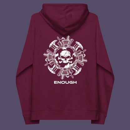 Burgundy hoodie back. An environmental hoodie highlighting an overcrowding concern. This original design is for all nature lovers who think that enough is enough and don't want to live in a concrete jungle. Comfortable and practical. It's extra soft and has a convenient front pouch pocket. Made from organic cotton and recycled polyester, this social awareness hoodie is a great eco-friendly choice.