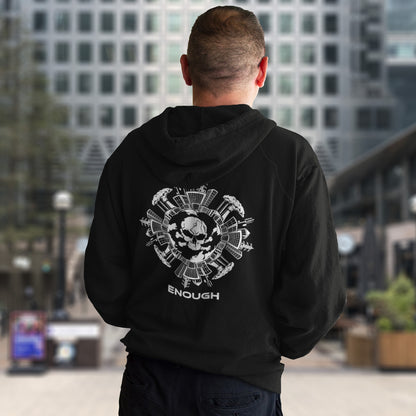 Man in a city wearing a black hoodie with 'enough' text. An environmental hoodie highlighting an overcrowding concern. This original design is for all nature lovers who think that enough is enough and don't want to live in a concrete jungle. Comfortable and practical. It's extra soft and has a convenient front pouch pocket. Made from organic cotton and recycled polyester, this social awareness hoodie is a great eco-friendly choice.