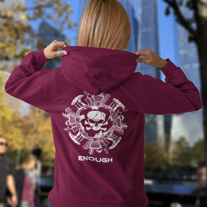 woman in burgundy hoodie walking into a city. An environmental hoodie highlighting an overcrowding concern. This original design is for all nature lovers who think that enough is enough and don't want to live in a concrete jungle. Comfortable and practical. It's extra soft and has a convenient front pouch pocket. Made from organic cotton and recycled polyester, this social awareness hoodie is a great eco-friendly choice.
