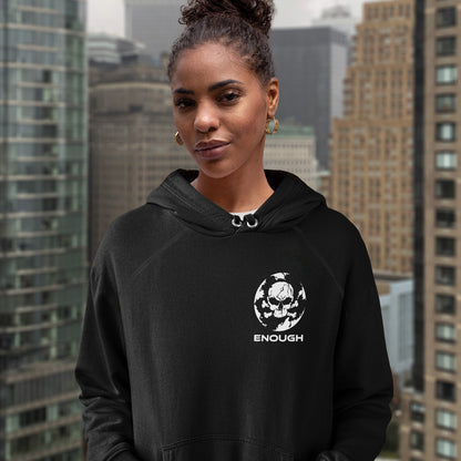 woman wearing a black hoodie with skull design standing on a building top. An environmental hoodie highlighting an overcrowding concern. This original design is for all nature lovers who think that enough is enough and don't want to live in a concrete jungle. Comfortable and practical. It's extra soft and has a convenient front pouch pocket. Made from organic cotton and recycled polyester, this social awareness hoodie is a great eco-friendly choice.