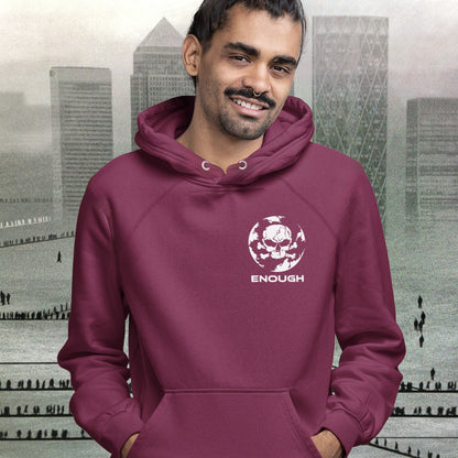 Man in burgundy hoodie standing in front of a picture of Canary Wharf. An environmental hoodie highlighting an overcrowding concern. This original design is for all nature lovers who think that enough is enough and don't want to live in a concrete jungle. Comfortable and practical. It's extra soft and has a convenient front pouch pocket. Made from organic cotton and recycled polyester, this social awareness hoodie is a great eco-friendly choice.