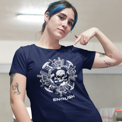 Person wearing a French navy blue t-shirt with a graphic design and the word 'ENOUGH'. An environmental t-shirt highlighting an overcrowding concern. This original design is for all nature lovers who think that enough is enough and don't want to live in a concrete jungle. Made from 100% organic ring-spun cotton, this social political t-shirt is unisex, high-quality, super comfy, and best of all, eco-friendly.