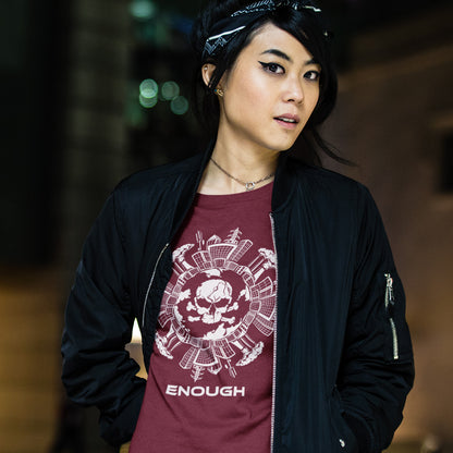Person wearing a black jacket and burgundy shirt with graphic design and text. An environmental t-shirt highlighting an overcrowding concern. This original design is for all nature lovers who think that enough is enough and don't want to live in a concrete jungle. Made from 100% organic ring-spun cotton, this social political t-shirt is unisex, high-quality, super comfy, and best of all, eco-friendly.