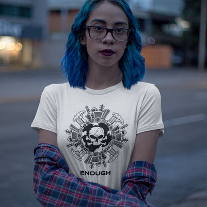 Person with blue hair wearing a white t-shirt with a graphic design and text. An environmental t-shirt highlighting an overcrowding concern. This original design is for all nature lovers who think that enough is enough and don't want to live in a concrete jungle. Made from 100% organic ring-spun cotton, this social political t-shirt is unisex, high-quality, super comfy, and best of all, eco-friendly.