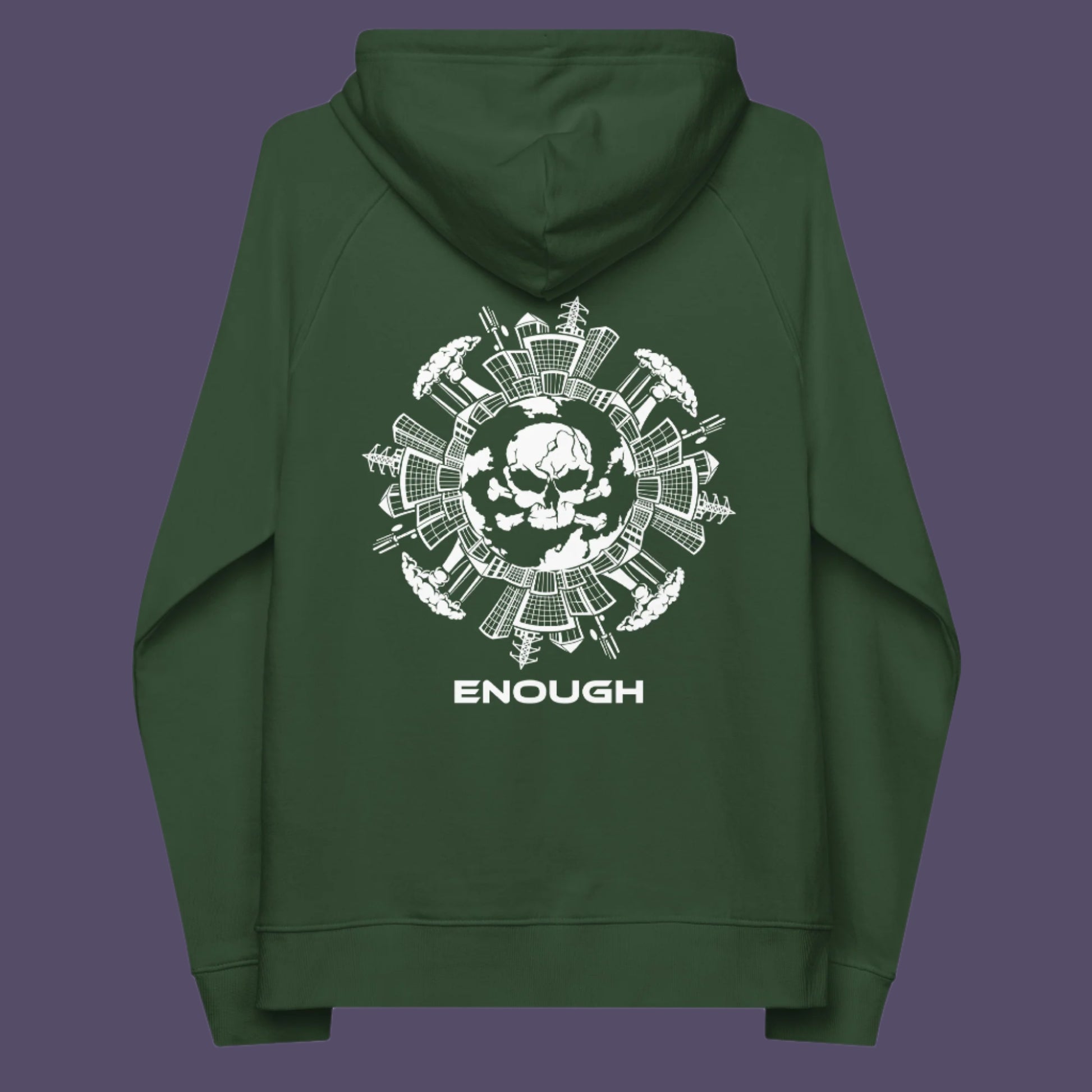 Bottle green hoodie back. An save the world hoodie highlighting an overcrowding concern. This original design is for all nature lovers who think that enough is enough and don't want to live in a concrete jungle. Comfortable and practical. It's extra soft and has a convenient front pouch pocket. Made from organic cotton and recycled polyester, this save the earth hoodie is a great eco-friendly choice.