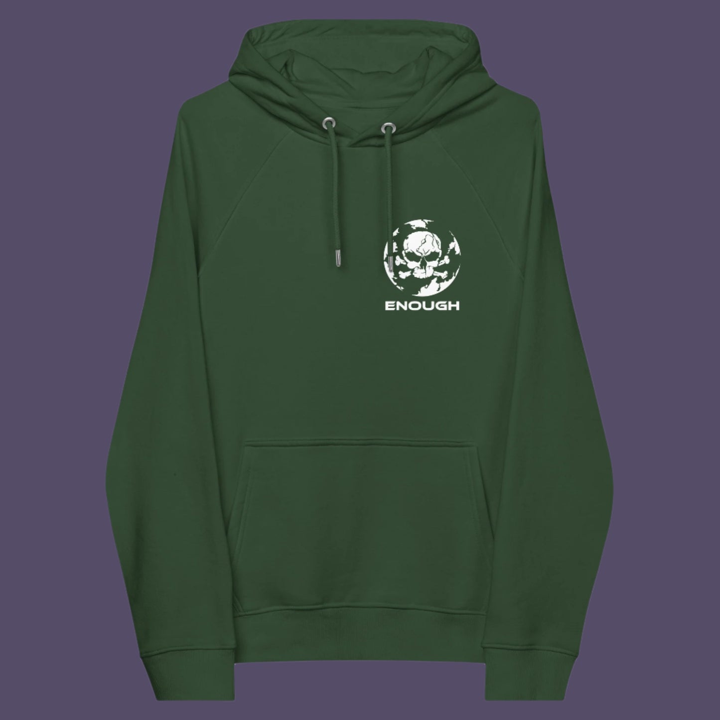 Bottle green hoodie front. An save the world hoodie highlighting an overcrowding concern. This original design is for all nature lovers who think that enough is enough and don't want to live in a concrete jungle. Comfortable and practical. It's extra soft and has a convenient front pouch pocket. Made from organic cotton and recycled polyester, this save the earth hoodie is a great eco-friendly choice.