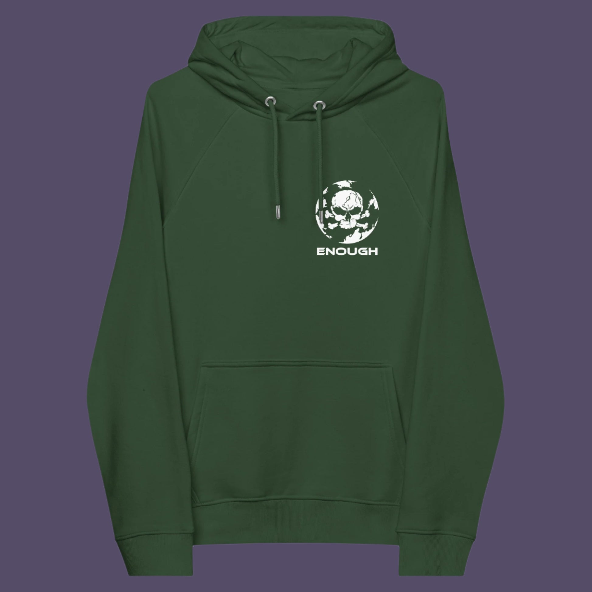 Bottle green hoodie front. An save the world hoodie highlighting an overcrowding concern. This original design is for all nature lovers who think that enough is enough and don't want to live in a concrete jungle. Comfortable and practical. It's extra soft and has a convenient front pouch pocket. Made from organic cotton and recycled polyester, this save the earth hoodie is a great eco-friendly choice.