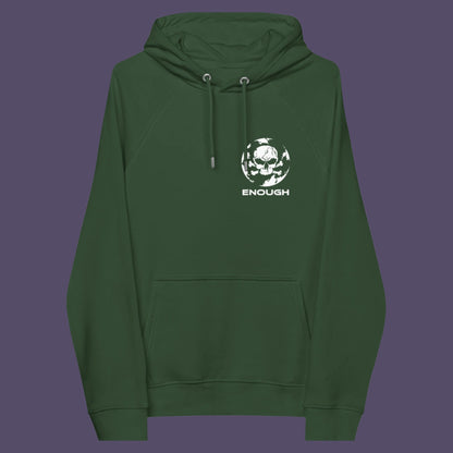 Bottle green hoodie front. An save the world hoodie highlighting an overcrowding concern. This original design is for all nature lovers who think that enough is enough and don't want to live in a concrete jungle. Comfortable and practical. It's extra soft and has a convenient front pouch pocket. Made from organic cotton and recycled polyester, this save the earth hoodie is a great eco-friendly choice.