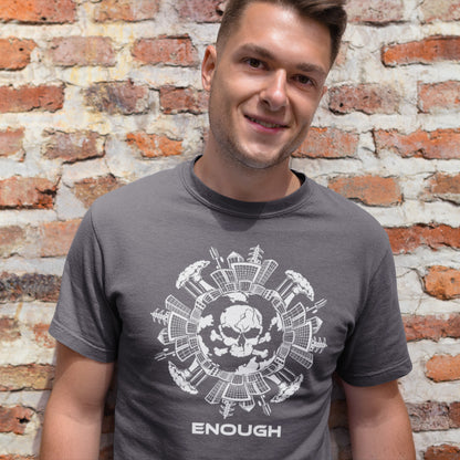 Man wearing an anthracite t-shirt with a white graphic design and 'ENOUGH' text against a brick wall. A save the world t shirt highlighting an overcrowding concern. This original design is for all nature lovers who think that enough is enough and don't want to live in a concrete jungle. Made from 100% organic ring-spun cotton, this save the earth t shirt is unisex, high-quality, super comfy, and best of all, eco-friendly.