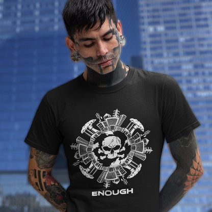 Person wearing a black t-shirt with a white graphic design and the word 'ENOUGH' against a skyscraper. A save the world t shirt highlighting an overcrowding concern. This original design is for all nature lovers who think that enough is enough and don't want to live in a concrete jungle. Made from 100% organic ring-spun cotton, this save the earth t shirt is unisex, high-quality, super comfy, and best of all, eco-friendly.