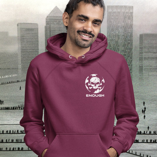 Surely we are running out of land to build on. This design is for all you children of nature who think that enough is enough and it's getting a little overcrowded. Comfortable and practical. It's extra soft and has a convenient front pouch pocket. Made from organic cotton and recycled polyester, this social awareness hoodie is a great eco-friendly choice.