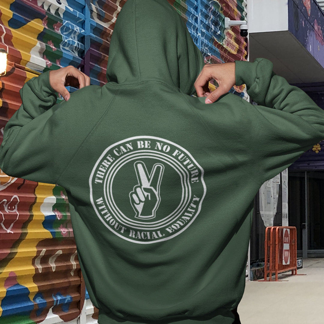 Peace without prejudice, there can be no future without racial equality. Comfortable and practical. It's extra soft and has a convenient front pouch pocket. Made from organic cotton and recycled polyester, this anti racism hoodie is a great eco-friendly choice.