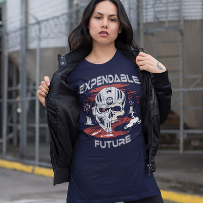 Person wearing a navy blue t-shirt with graphic design and text, standing outdoors. A dystopian t shirt suggesting that our impact on the planet is not been taken seriously enough, is it time to worry about our role as working humans? Counterculture and alternative view of technology and modern society. Made from 100% organic ring-spun cotton, this social awareness t shirt is unisex, high-quality, super comfy, and best of all, eco-friendly.