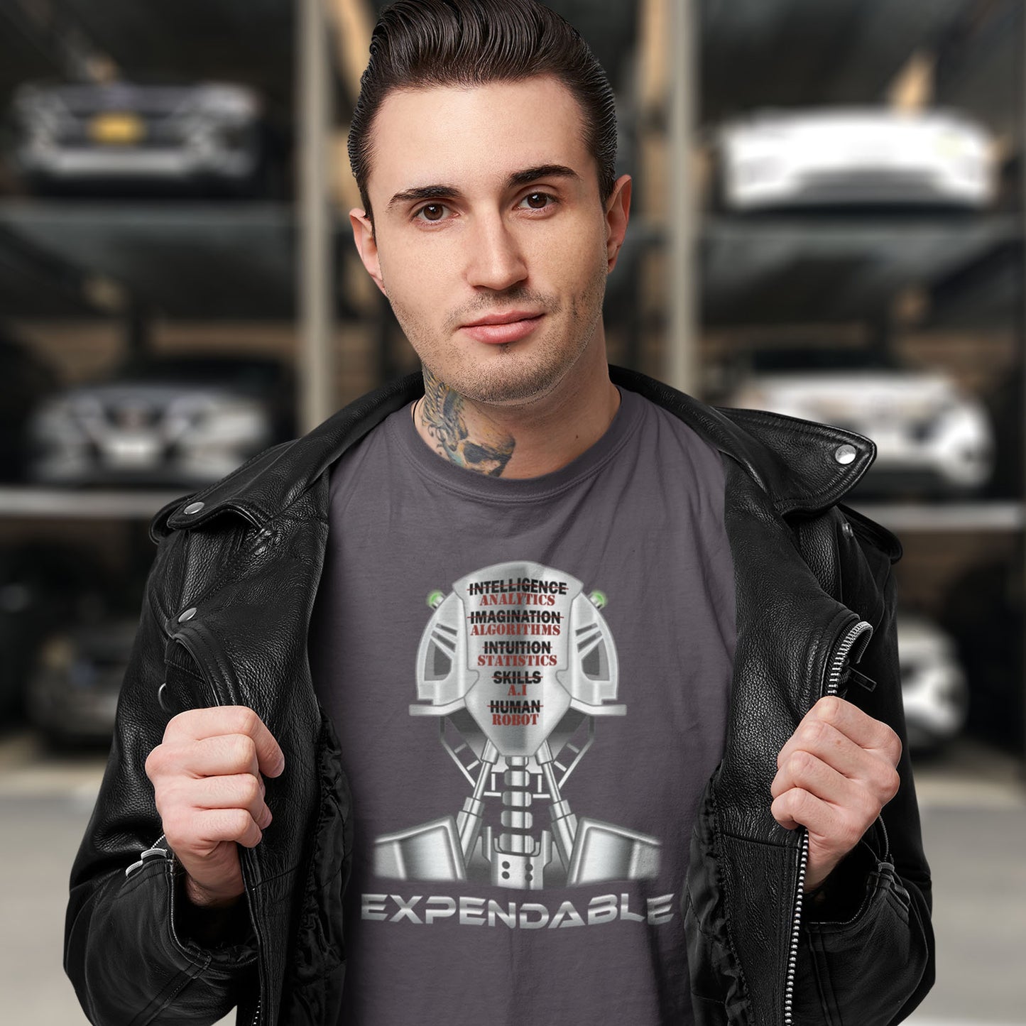 Man wearing a t-shirt with a graphic design and text, standing in front of blurred vehicles. An anti-technology t-shirt suggesting that too many attributes of human development are being replaced by a computer program, is it time to worry about our role as humans ? Counterculture and alternative view of technology. Made from 100% organic ring-spun cotton, this social awareness, anti technology t-shirt is unisex, high-quality, super comfy, and best of all, eco-friendly.