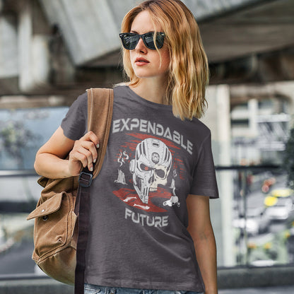 Woman wearing a t-shirt with a graphic design and sunglasses, standing in an urban setting. A dystopian t shirt suggesting that our impact on the planet is not been taken seriously enough, is it time to worry about our role as working humans? Counterculture and alternative view of technology and modern society. Made from 100% organic ring-spun cotton, this social awareness t shirt is unisex, high-quality, super comfy, and best of all, eco-friendly.