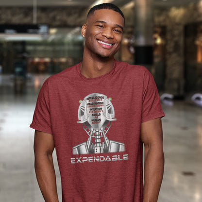 Man wearing a red t-shirt with a graphic design and text, standing in an indoor setting. An anti-technology t-shirt suggesting that too many attributes of human development are being replaced by a computer program, is it time to worry about our role as humans ? Counterculture and alternative view of technology. Made from 100% organic ring-spun cotton, this social awareness, anti technology t-shirt is unisex, high-quality, super comfy, and best of all, eco-friendly.