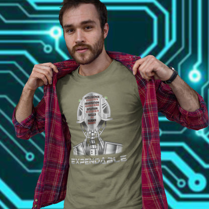 Man wearing a green t-shirt with a graphic design and text, standing against a futuristic circuit board background. An anti-technology t-shirt suggesting that too many attributes of human development are being replaced by a computer program, is it time to worry about our role as humans ? Counterculture and alternative view of technology. Made from 100% organic ring-spun cotton, this social awareness, anti technology t-shirt is unisex, high-quality, super comfy, and best of all, eco-friendly.