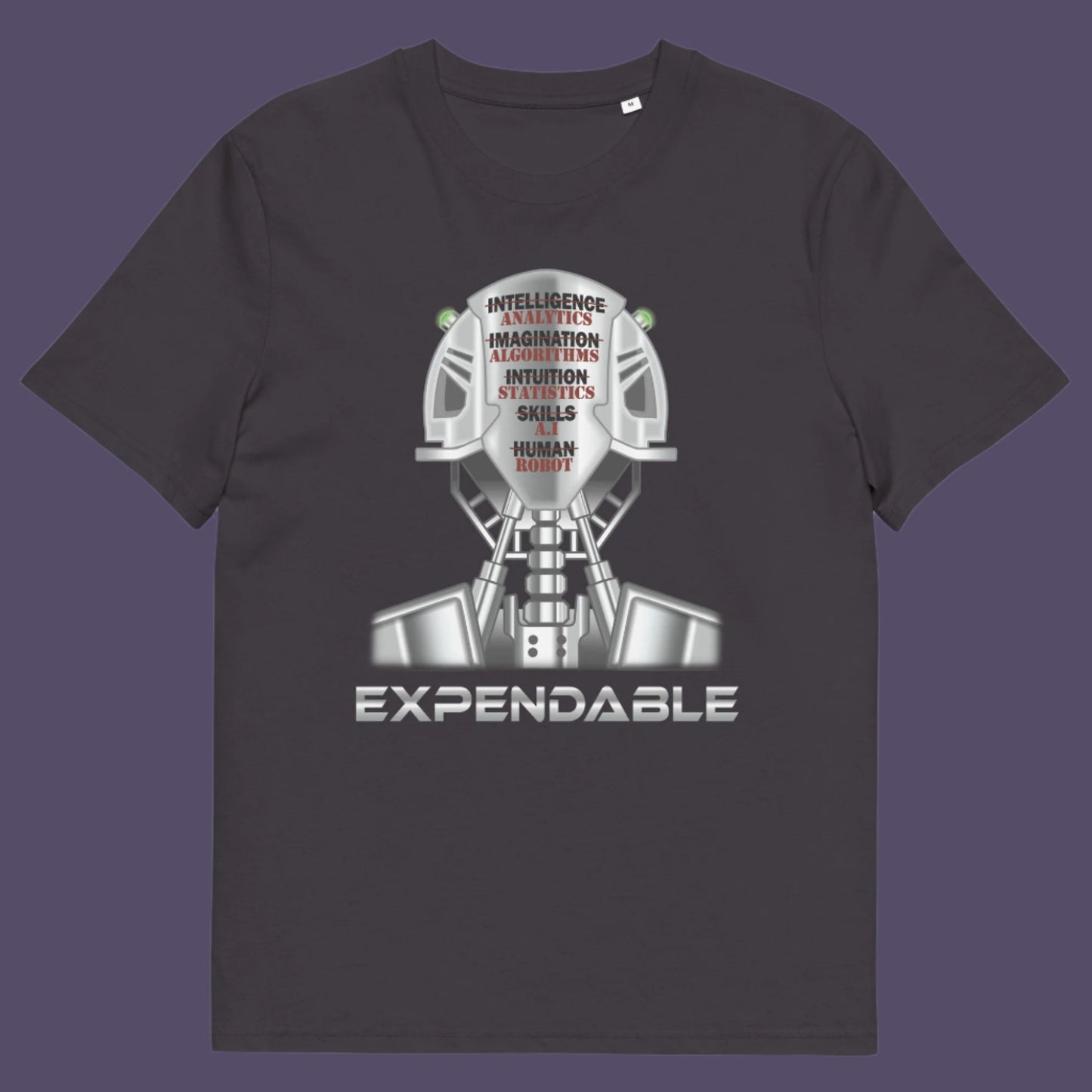 Anthracite t-shirt. An anti-technology t-shirt suggesting that too many attributes of human development are being replaced by a computer program, is it time to worry about our role as humans ? Counterculture and alternative view of technology. Made from 100% organic ring-spun cotton, this social awareness, anti technology t-shirt is unisex, high-quality, super comfy, and best of all, eco-friendly.
