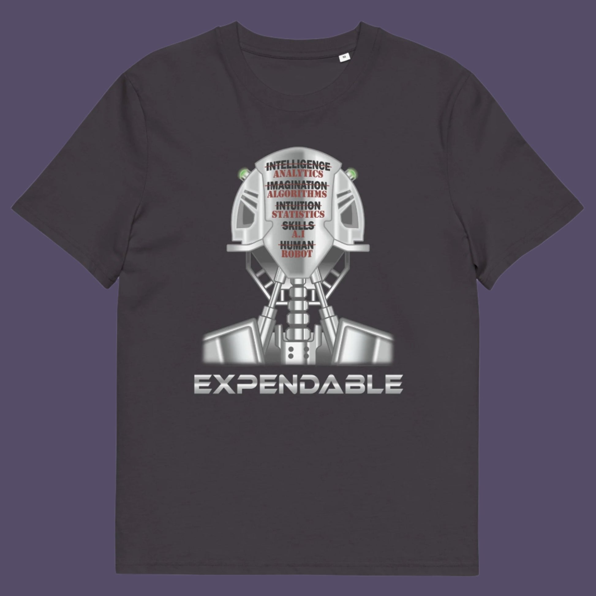 Anthracite t-shirt. An anti-technology t-shirt suggesting that too many attributes of human development are being replaced by a computer program, is it time to worry about our role as humans ? Counterculture and alternative view of technology. Made from 100% organic ring-spun cotton, this social awareness, anti technology t-shirt is unisex, high-quality, super comfy, and best of all, eco-friendly.
