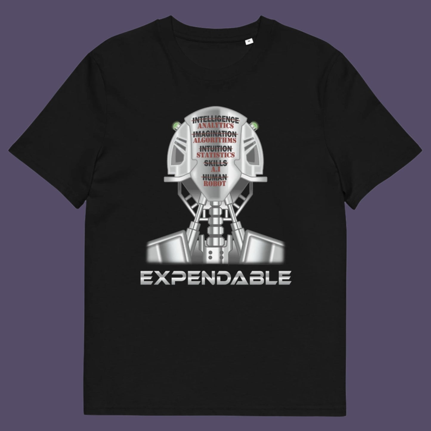 Black t-shirt. An anti-technology t-shirt suggesting that too many attributes of human development are being replaced by a computer program, is it time to worry about our role as humans ? Counterculture and alternative view of technology. Made from 100% organic ring-spun cotton, this social awareness, anti technology t-shirt is unisex, high-quality, super comfy, and best of all, eco-friendly.
