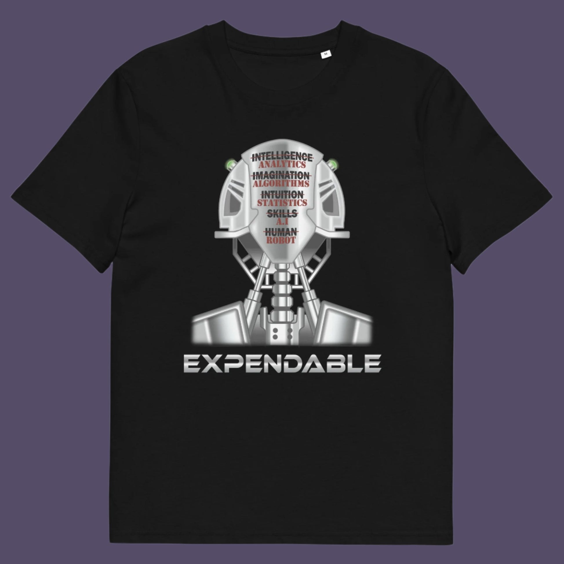 Black t-shirt. An anti-technology t-shirt suggesting that too many attributes of human development are being replaced by a computer program, is it time to worry about our role as humans ? Counterculture and alternative view of technology. Made from 100% organic ring-spun cotton, this social awareness, anti technology t-shirt is unisex, high-quality, super comfy, and best of all, eco-friendly.
