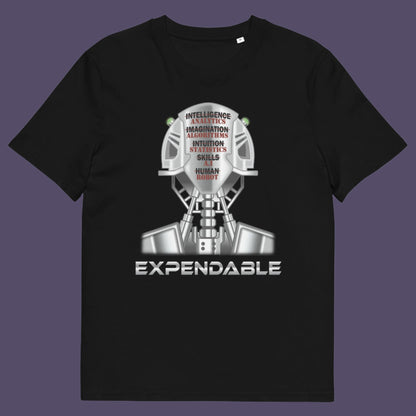 Black t-shirt. An anti-technology t-shirt suggesting that too many attributes of human development are being replaced by a computer program, is it time to worry about our role as humans ? Counterculture and alternative view of technology. Made from 100% organic ring-spun cotton, this social awareness, anti technology t-shirt is unisex, high-quality, super comfy, and best of all, eco-friendly.
