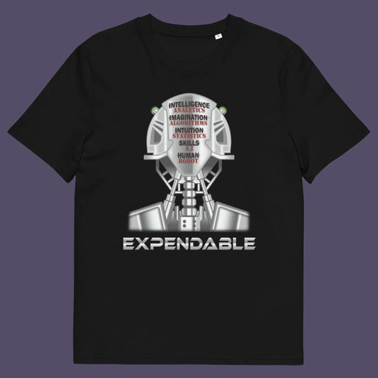 Black t-shirt. An anti-technology t-shirt suggesting that too many attributes of human development are being replaced by a computer program, is it time to worry about our role as humans ? Counterculture and alternative view of technology. Made from 100% organic ring-spun cotton, this social awareness, anti technology t-shirt is unisex, high-quality, super comfy, and best of all, eco-friendly.
