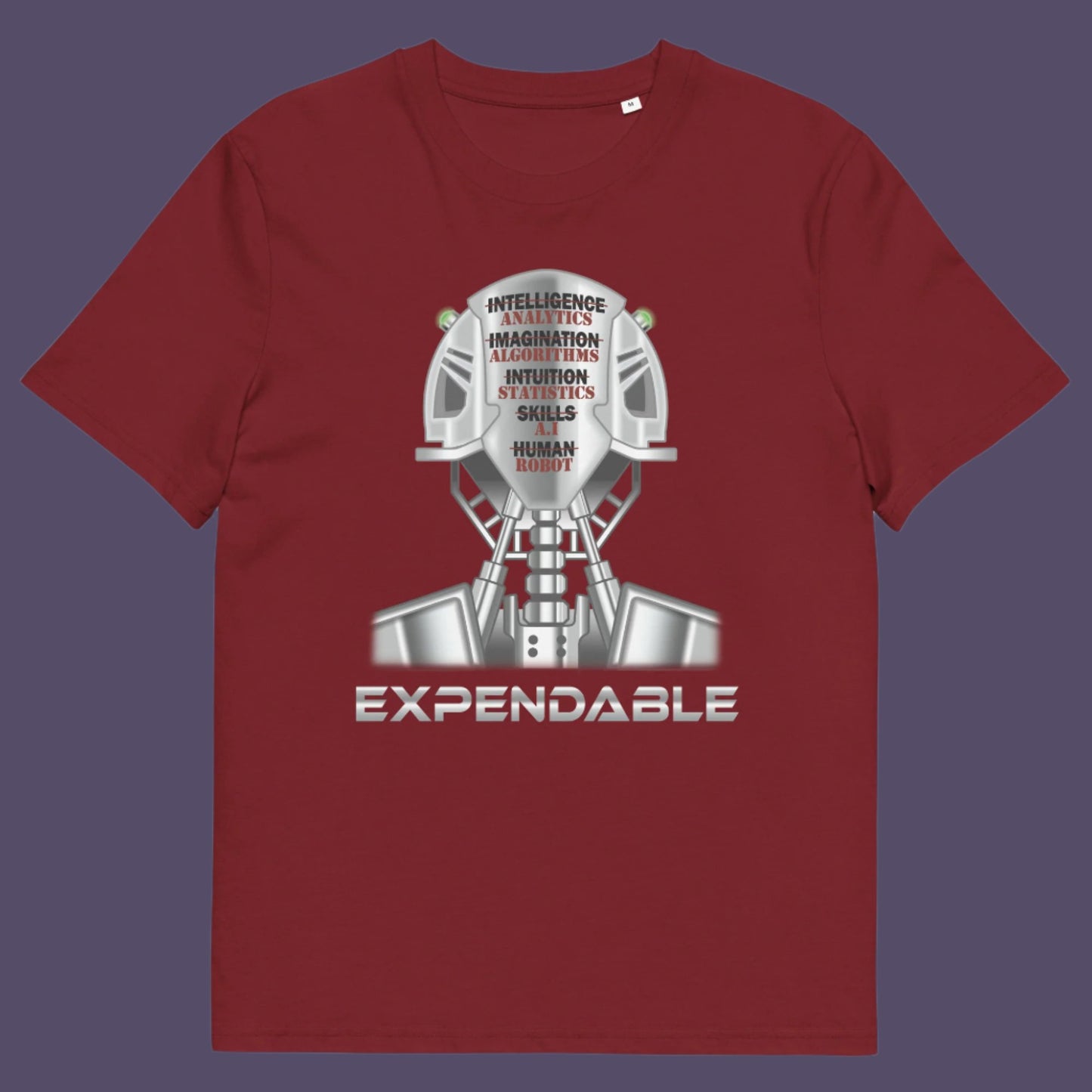 Burgundy t-shirt. An anti-technology t-shirt suggesting that too many attributes of human development are being replaced by a computer program, is it time to worry about our role as humans ? Counterculture and alternative view of technology. Made from 100% organic ring-spun cotton, this social awareness, anti technology t-shirt is unisex, high-quality, super comfy, and best of all, eco-friendly.
