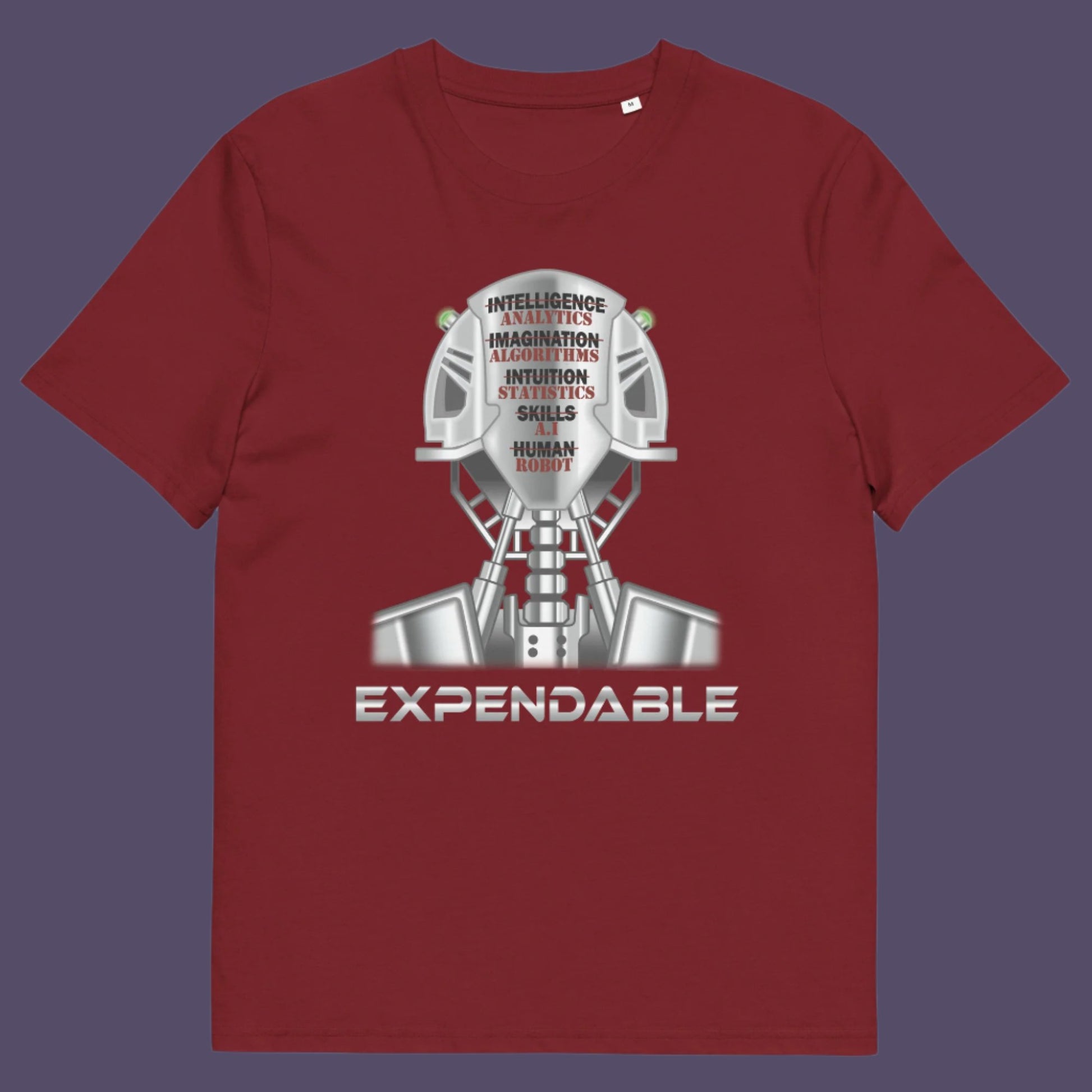 Burgundy t-shirt. An anti-technology t-shirt suggesting that too many attributes of human development are being replaced by a computer program, is it time to worry about our role as humans ? Counterculture and alternative view of technology. Made from 100% organic ring-spun cotton, this social awareness, anti technology t-shirt is unisex, high-quality, super comfy, and best of all, eco-friendly.
