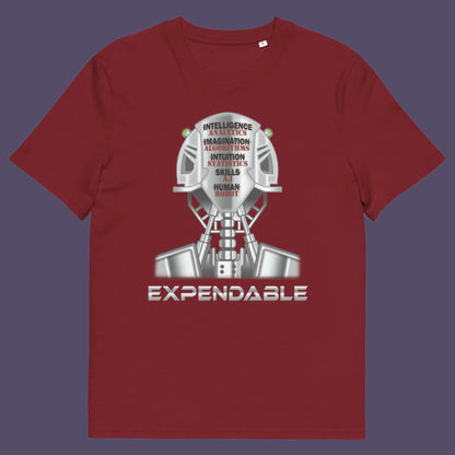 Burgundy t-shirt. An anti-technology t-shirt suggesting that too many attributes of human development are being replaced by a computer program, is it time to worry about our role as humans ? Counterculture and alternative view of technology. Made from 100% organic ring-spun cotton, this social awareness, anti technology t-shirt is unisex, high-quality, super comfy, and best of all, eco-friendly.
