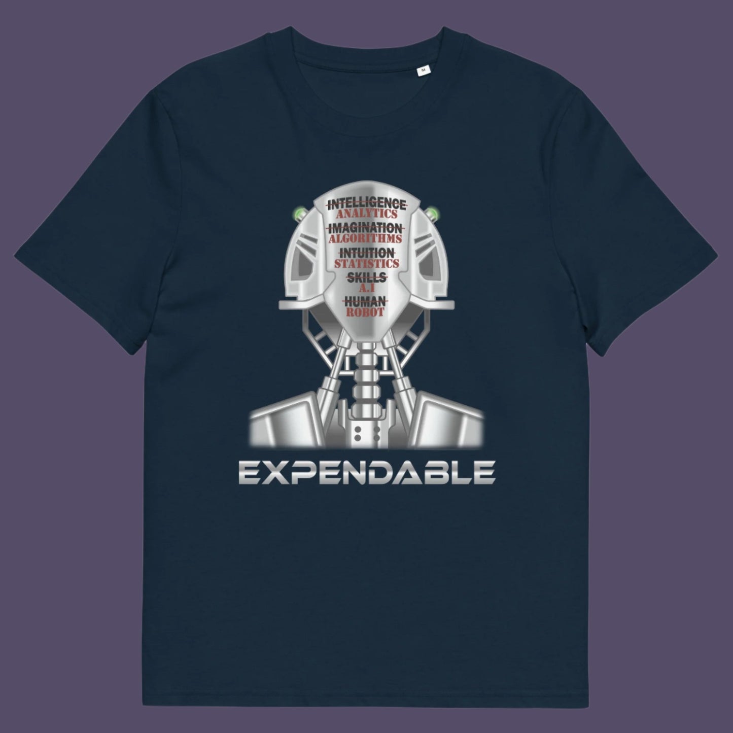 French navy t-shirt. An anti-technology t-shirt suggesting that too many attributes of human development are being replaced by a computer program, is it time to worry about our role as humans ? Counterculture and alternative view of technology. Made from 100% organic ring-spun cotton, this social awareness, anti technology t-shirt is unisex, high-quality, super comfy, and best of all, eco-friendly.
