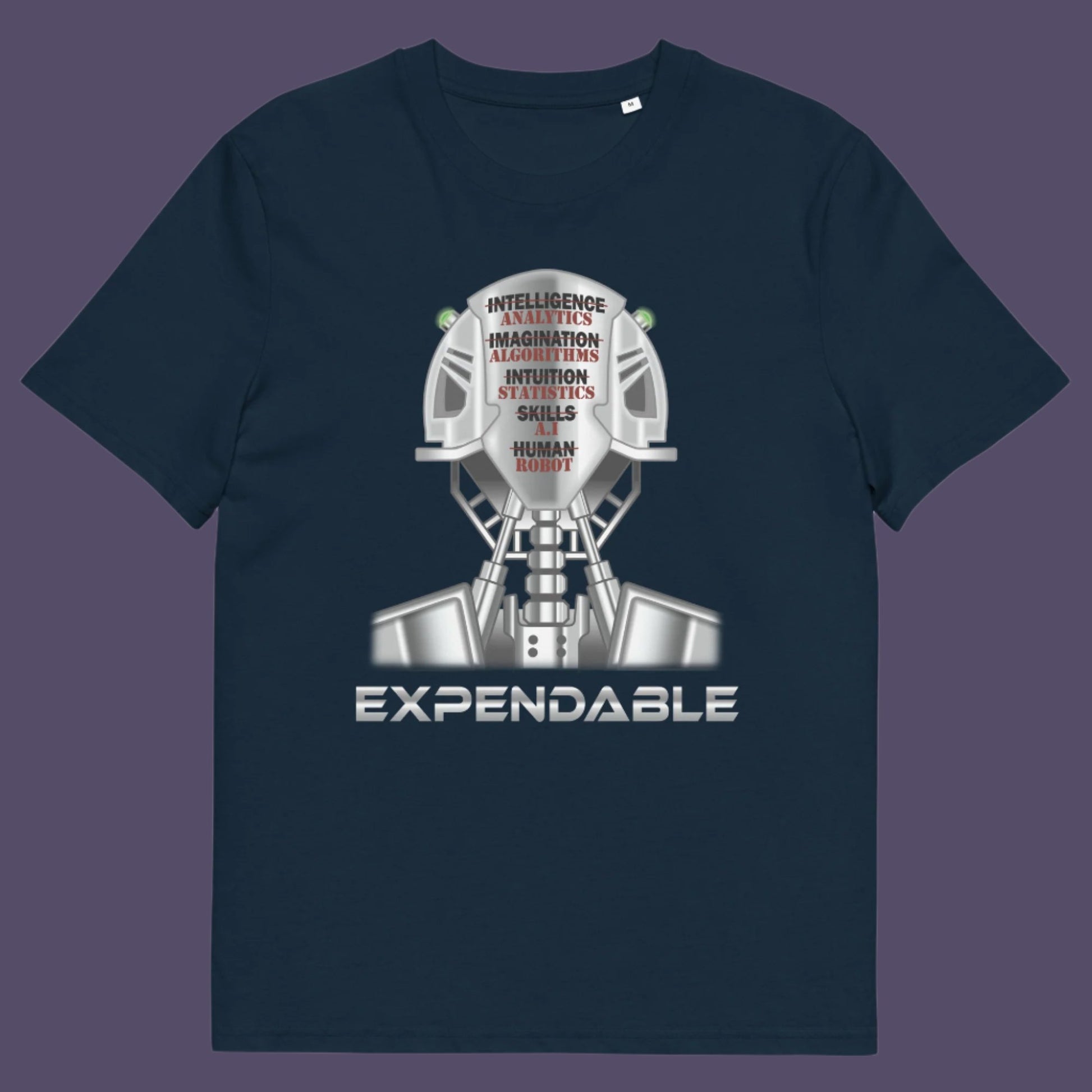 French navy t-shirt. An anti-technology t-shirt suggesting that too many attributes of human development are being replaced by a computer program, is it time to worry about our role as humans ? Counterculture and alternative view of technology. Made from 100% organic ring-spun cotton, this social awareness, anti technology t-shirt is unisex, high-quality, super comfy, and best of all, eco-friendly.
