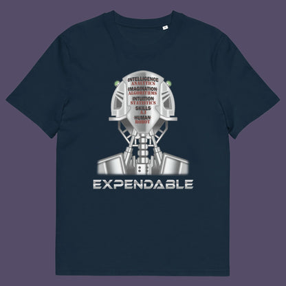 French navy t-shirt. An anti-technology t-shirt suggesting that too many attributes of human development are being replaced by a computer program, is it time to worry about our role as humans ? Counterculture and alternative view of technology. Made from 100% organic ring-spun cotton, this social awareness, anti technology t-shirt is unisex, high-quality, super comfy, and best of all, eco-friendly.
