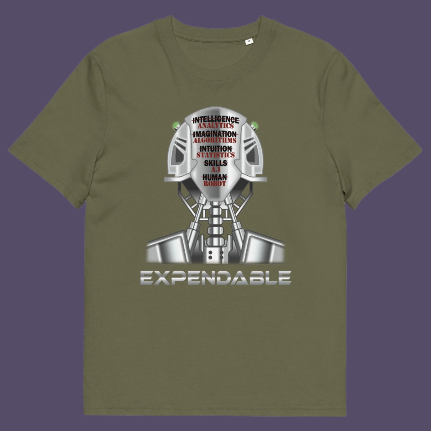 Khaki t-shirt. An anti-technology t-shirt suggesting that too many attributes of human development are being replaced by a computer program, is it time to worry about our role as humans ? Counterculture and alternative view of technology. Made from 100% organic ring-spun cotton, this social awareness, anti technology t-shirt is unisex, high-quality, super comfy, and best of all, eco-friendly.