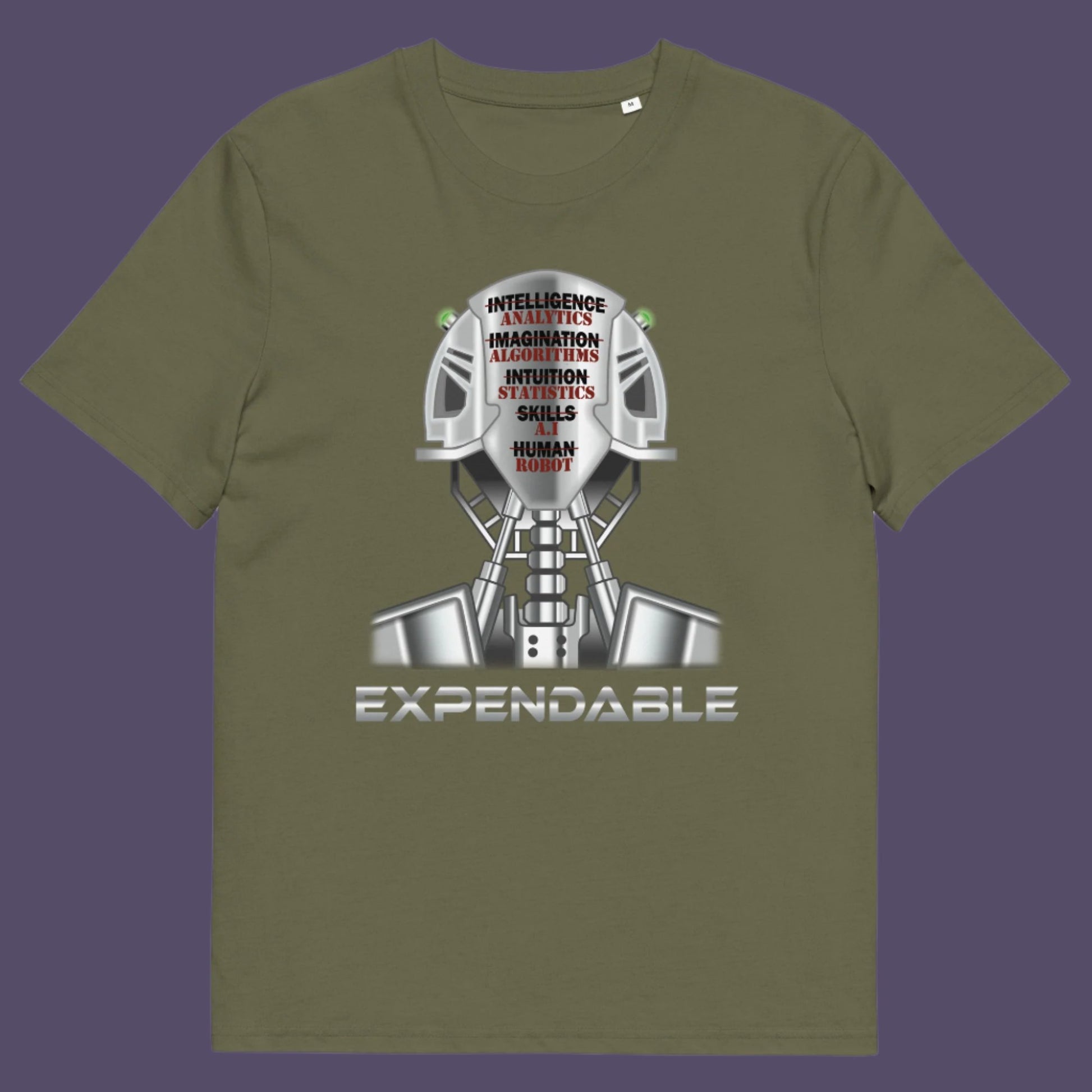 Khaki t-shirt. An anti-technology t-shirt suggesting that too many attributes of human development are being replaced by a computer program, is it time to worry about our role as humans ? Counterculture and alternative view of technology. Made from 100% organic ring-spun cotton, this social awareness, anti technology t-shirt is unisex, high-quality, super comfy, and best of all, eco-friendly.