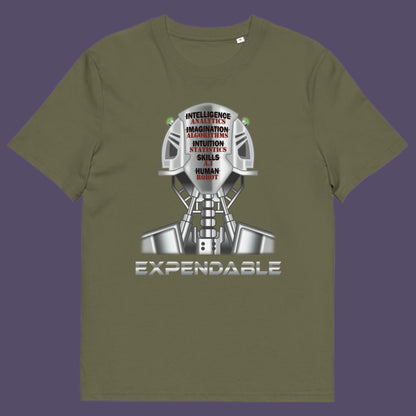 Khaki t-shirt. An anti-technology t-shirt suggesting that too many attributes of human development are being replaced by a computer program, is it time to worry about our role as humans ? Counterculture and alternative view of technology. Made from 100% organic ring-spun cotton, this social awareness, anti technology t-shirt is unisex, high-quality, super comfy, and best of all, eco-friendly.