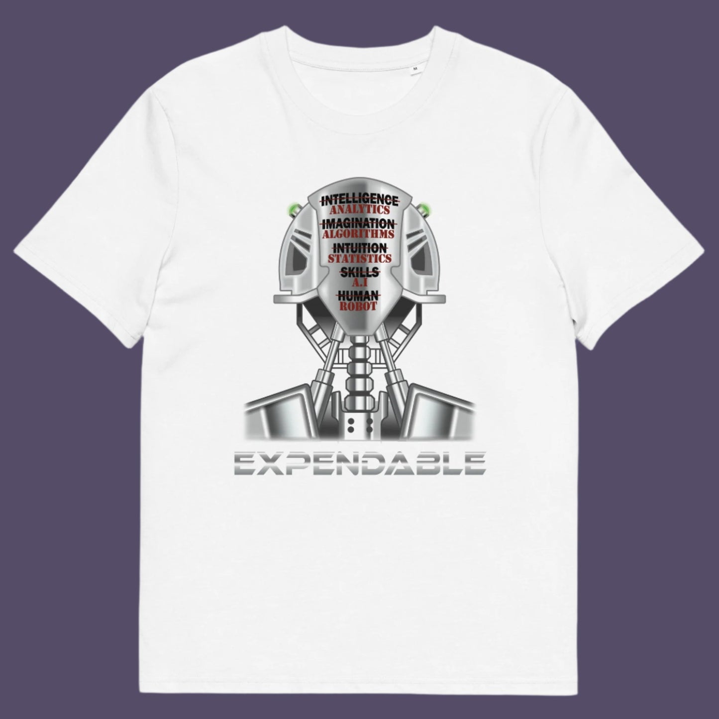 White t-shirt. An anti-technology t-shirt suggesting that too many attributes of human development are being replaced by a computer program, is it time to worry about our role as humans ? Counterculture and alternative view of technology. Made from 100% organic ring-spun cotton, this social awareness, anti technology t-shirt is unisex, high-quality, super comfy, and best of all, eco-friendly.
