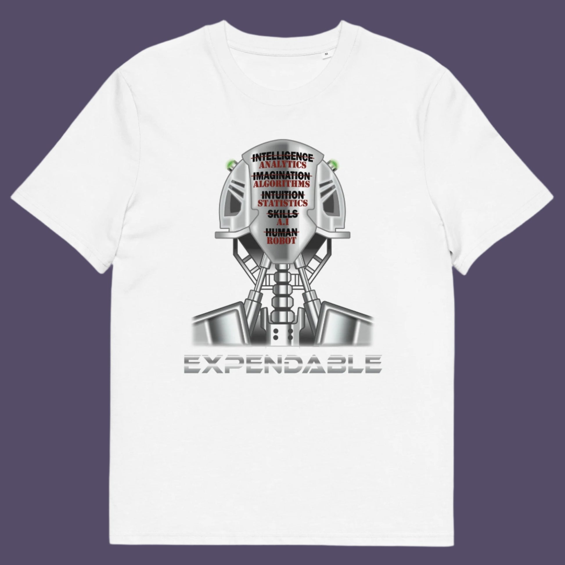 White t-shirt. An anti-technology t-shirt suggesting that too many attributes of human development are being replaced by a computer program, is it time to worry about our role as humans ? Counterculture and alternative view of technology. Made from 100% organic ring-spun cotton, this social awareness, anti technology t-shirt is unisex, high-quality, super comfy, and best of all, eco-friendly.
