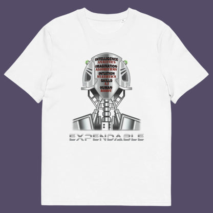 White t-shirt. An anti-technology t-shirt suggesting that too many attributes of human development are being replaced by a computer program, is it time to worry about our role as humans ? Counterculture and alternative view of technology. Made from 100% organic ring-spun cotton, this social awareness, anti technology t-shirt is unisex, high-quality, super comfy, and best of all, eco-friendly.
