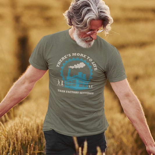 Man wearing a green t-shirt with a graphic and text in a field. This self confidence t shirt promotes thinking outside the box. When schooling ends, education truly begins. Don't settle for state approved enlightenment, there's a whole world out there !! This design carries a message of personal growth and independent thinking. Only the dead stop learning. Made from 100% organic ring-spun cotton, this self worth t shirt is unisex, high quality, super comfy, and best of all, eco-friendly.