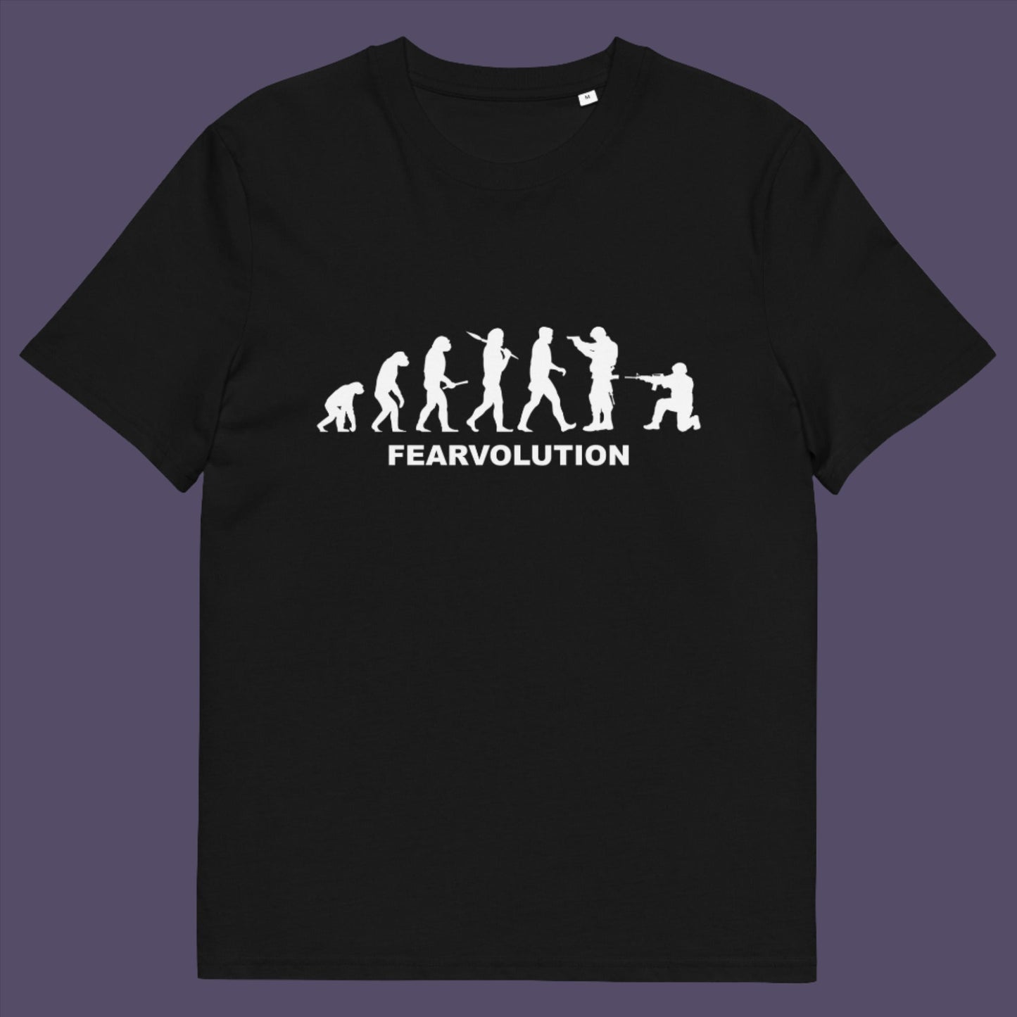Black t-shirt. This satirical 'theory of evolution' t-shirt displays an alternative view of how we may evolve from here on. Fear is holding us back, fear of change. Made from 100% organic ring-spun cotton, this philosophy t-shirt is unisex, high-quality, super comfy, and best of all, eco-friendly.