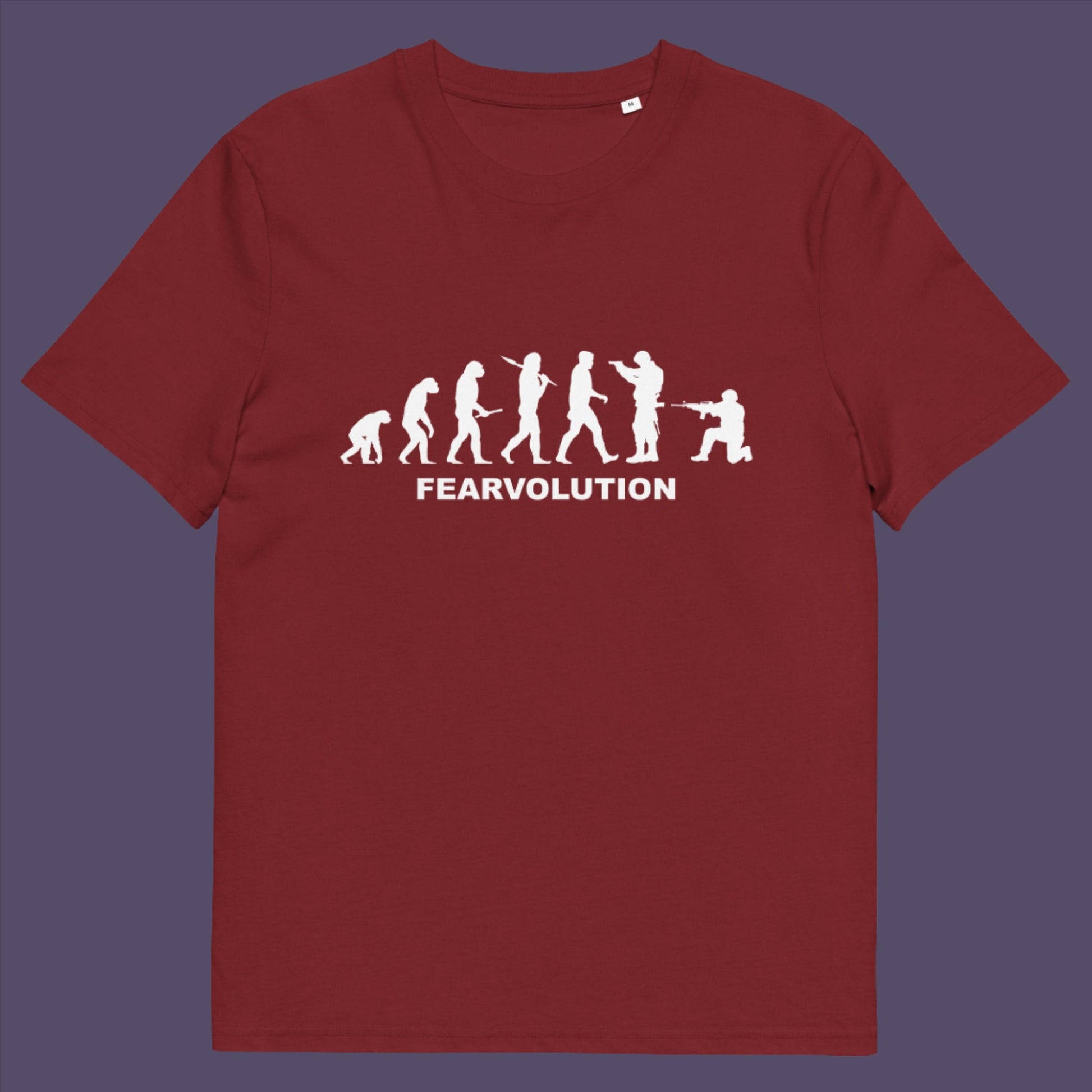 Burgundy t-shirt. This satirical 'theory of evolution' t-shirt displays an alternative view of how we may evolve from here on. Fear is holding us back, fear of change. Made from 100% organic ring-spun cotton, this philosophy t-shirt is unisex, high-quality, super comfy, and best of all, eco-friendly.